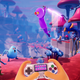 A purple cartoon character battles blue ones while a fictional controller is held up on screen.